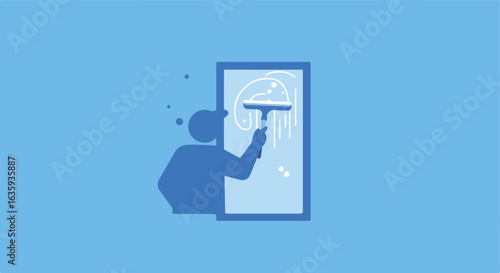Simple cartoon man cleaning a glass surface with a squeegee tool in blue tone