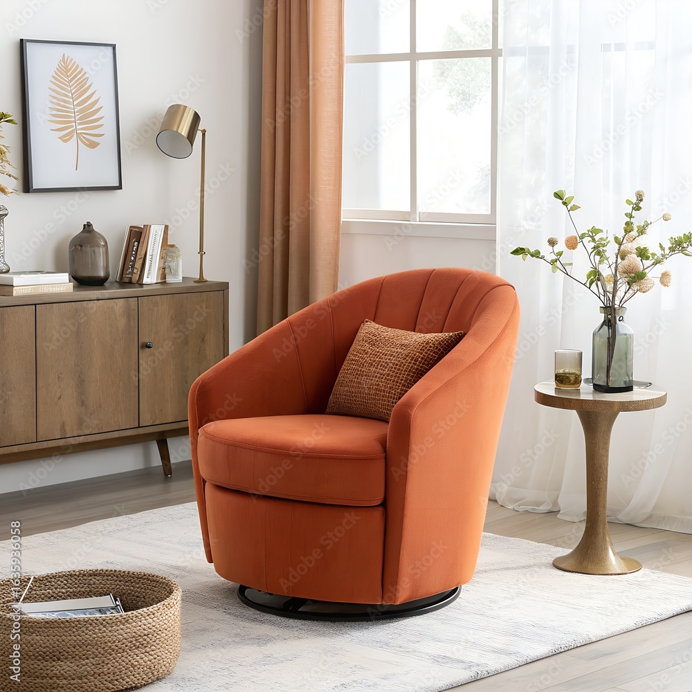 Obraz premium Stylish orange velvet swivel armchair with a textured cushion, placed in a modern living room with a wooden cabinet, a side table, and decorative elements