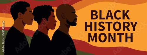 Vector horizontal banner for Black History Month. Silhouettes of men on bright abstract background. Celebration of African American culture, heritage, pride and identity