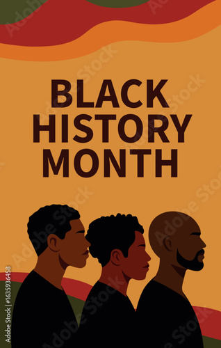 Vector vertical banner for Black History Month. Silhouettes of men on a bright abstract background. Celebration of African American culture, heritage, pride and identity