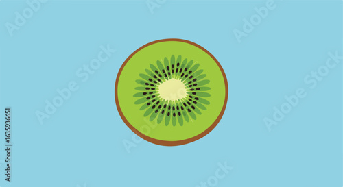 A bright slice of kiwi shows pulp and seeds, against a blue background