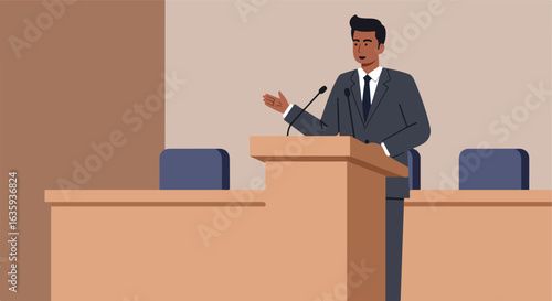 Presenter Presenting man in suit speaks from podium with microphones in court