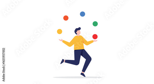 Flat illustration of a figure juggling colorful balls on a plain, white background
