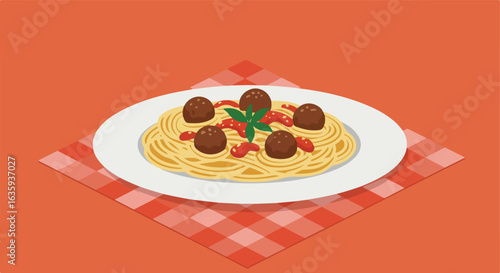 Classic pasta dish with savory meatballs and tomato sauce, served on a plate