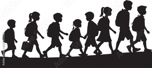 Diverse group of children walking with backpacks and satchel school education