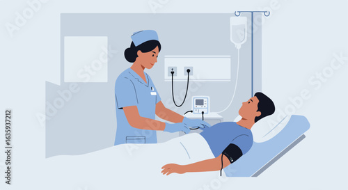 Nurse checks a patient's vitals in a hospital room. Patient is lying in bed, on fluids