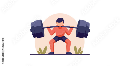 Person lifting barbell in squat posture, athletic body, simple graphic style