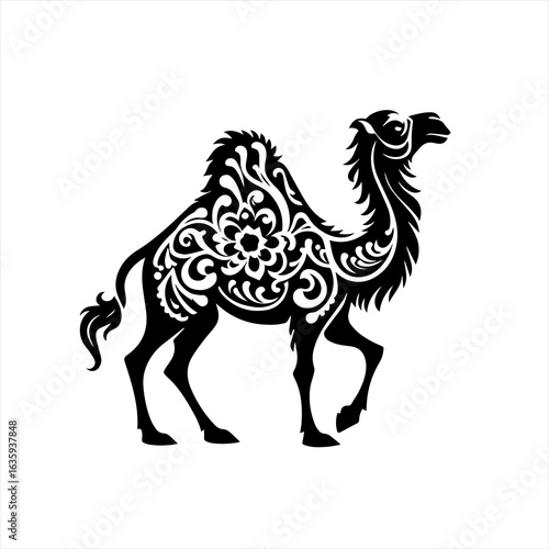 Ornate black camel silhouette with floral patterns
