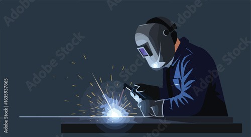 Skilled worker welds metal. Protective mask and gloves. Sparks fly in a workshop