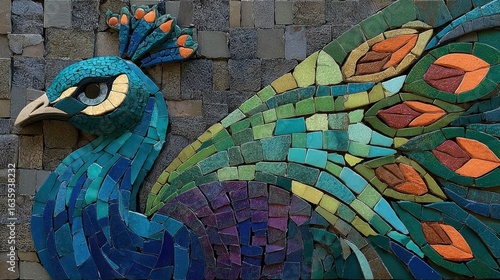 Mosaic peacock design, colorful tiles