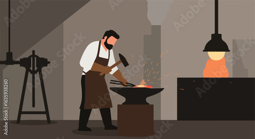Smithy Blacksmith hammering hot metal at anvil, creating sparks in the workshop's dim light
