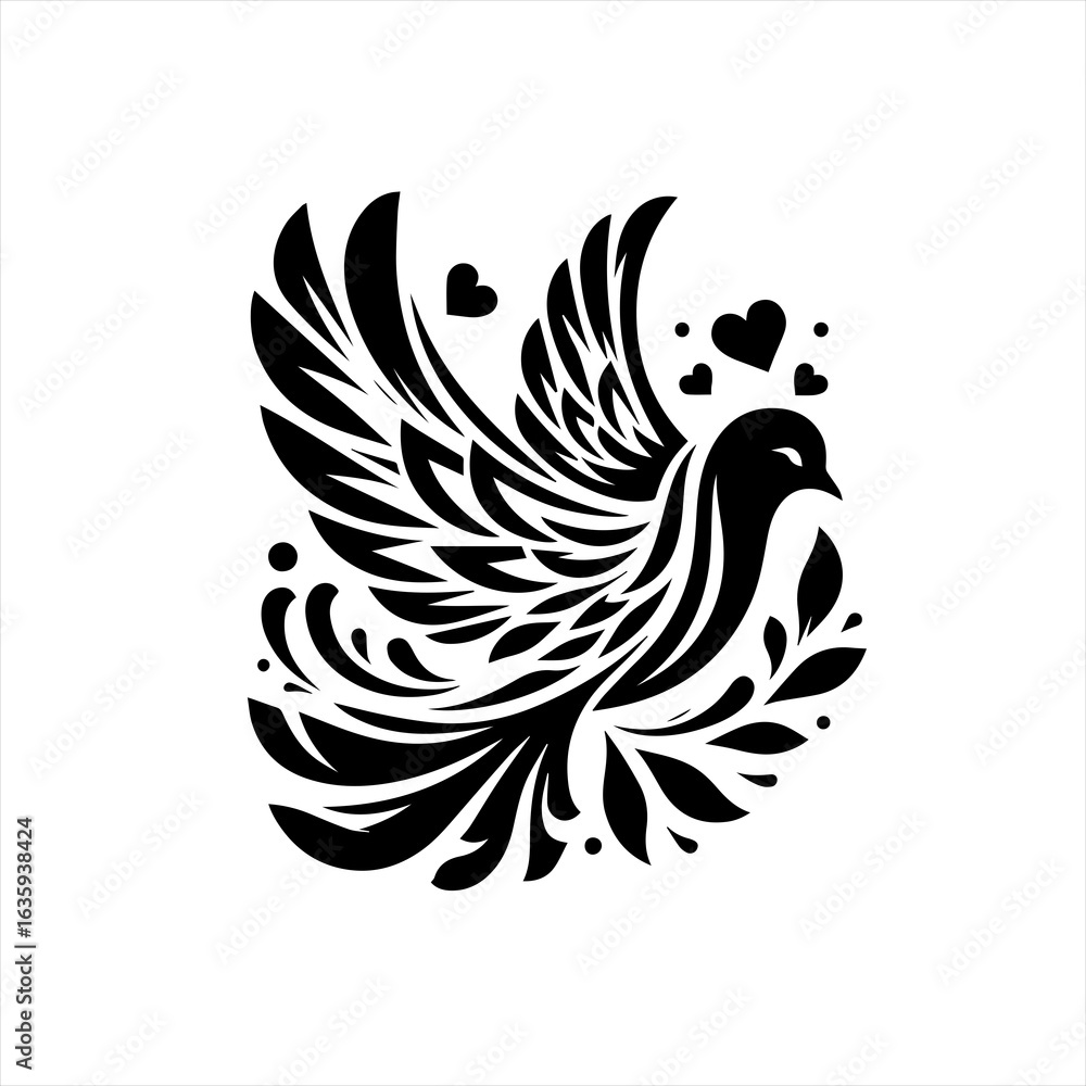 Fototapeta premium Stylized black dove with hearts and floral elements