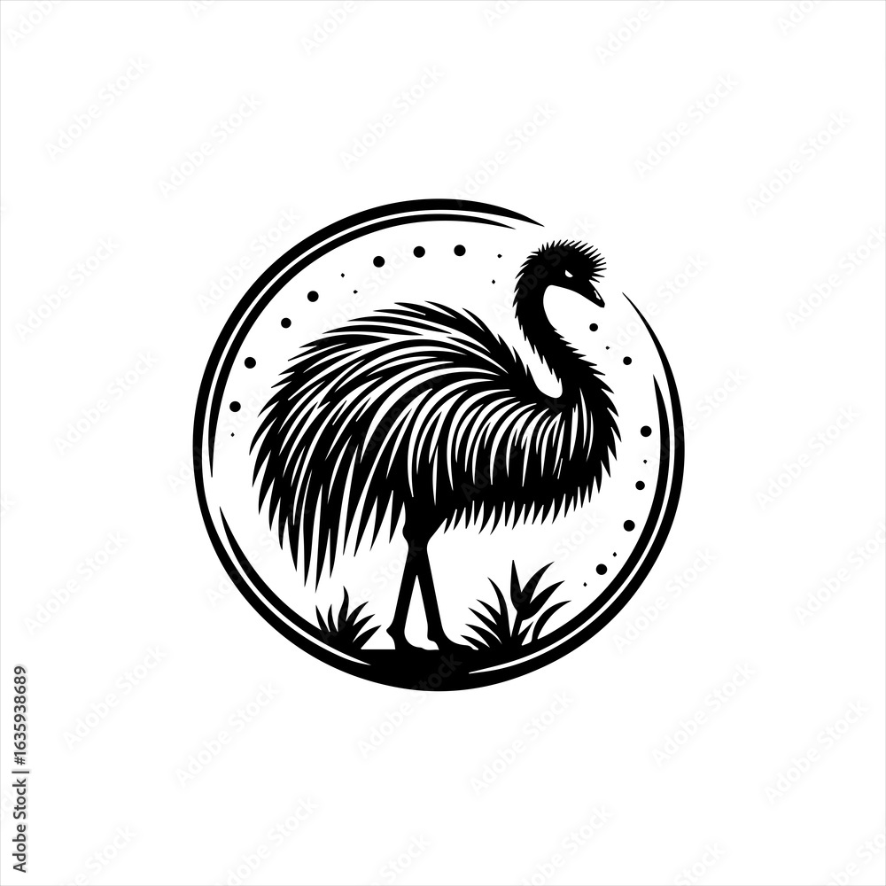 Naklejka premium Stylized black silhouette of an emu bird in a circular emblem