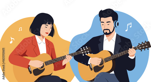 Woman and man playing guitar, stylized with light blue and yellow color behind them