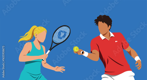 Two players ready to play tennis, a man and a woman on a blue background