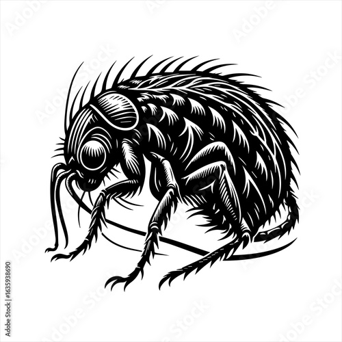 Detailed black and white illustration of a flea