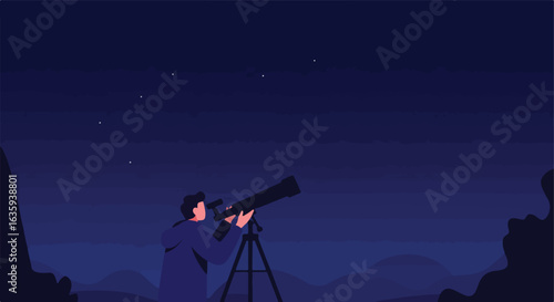 Observing the night sky, a person gazes through a telescope, under scattered stars