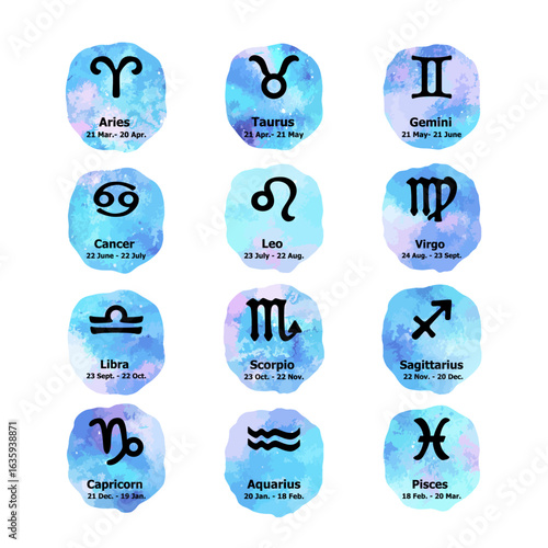 Zodiac icons on watercolor background. Free Hand drawing. Vector