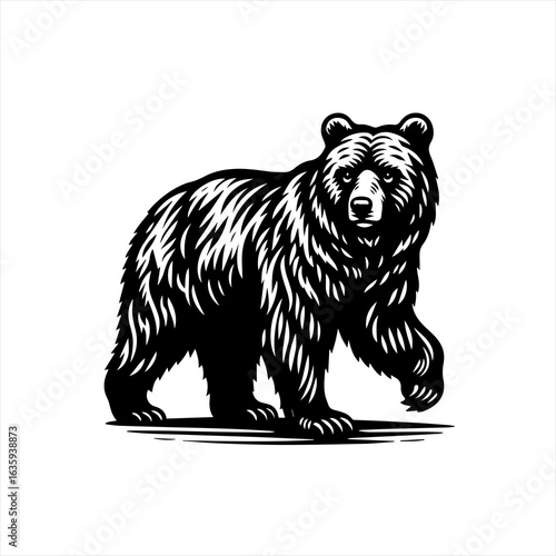 Black and white illustration of a walking grizzly bear