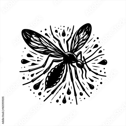 Black and white illustration of a mosquito with splashing drops