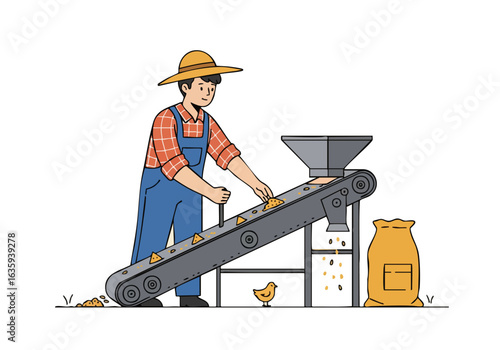 A young farmer adjusts feed on a conveyor belt, overseeing a chicken farm. A rural, wholesome scene with a focus on agricultural work. Clear, bright illustration.