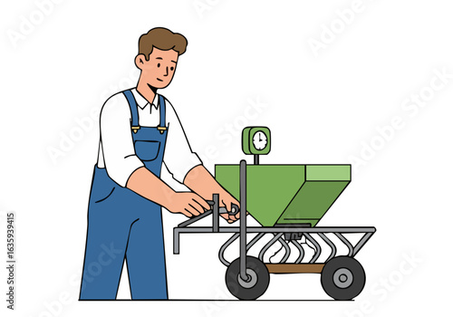 A man adjusts a feed mechanism on a wheeled planter. Clear, bright illustration. Suitable for gardening, agriculture, or farming themes.