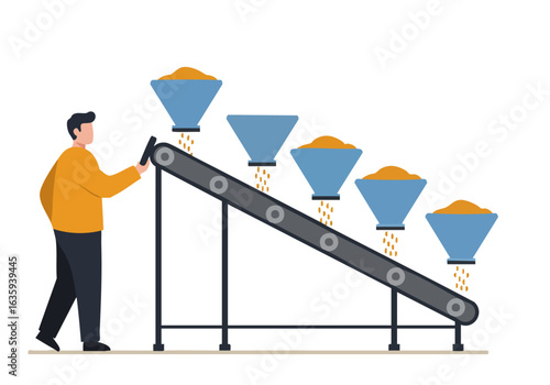 A man operates a conveyor belt feeding into multiple containers. A clean, modern illustration depicting a check feed process. Flat design, bright colors.