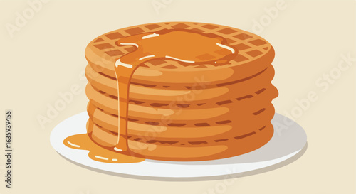 Waffle Stack Round waffles covered in golden syrup, stacked on a white plate