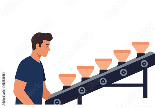 A man oversees a conveyor belt feeding bowls. Clean, modern illustration with a focus on process and efficiency. Bright, pastel colors.