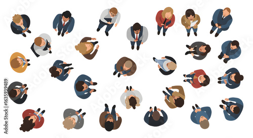 People top view. Overhead of human, men gathering crowd. Person walking, diverse isolated characters community. Urban man woman utter vector set