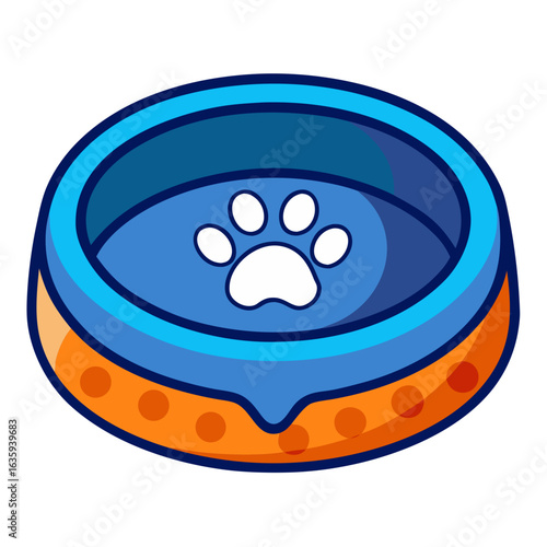 a pet food bowl with a blue interior featuring a white paw print design, no background vector file.