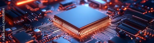 Captivating close up view of an intricate electronic circuit board with vibrant red orange and blue metallic microchips processors and digital components