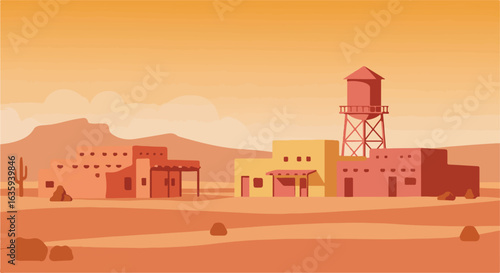 Desert Town Western setting featuring adobe buildings, cactus, water tower, desert hues
