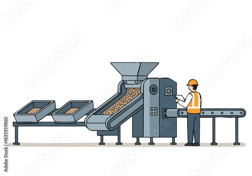 A worker inspects a food processing rail, overseeing a conveyor belt system. Clean lines and a modern industrial setting create a visually appealing and professional image.