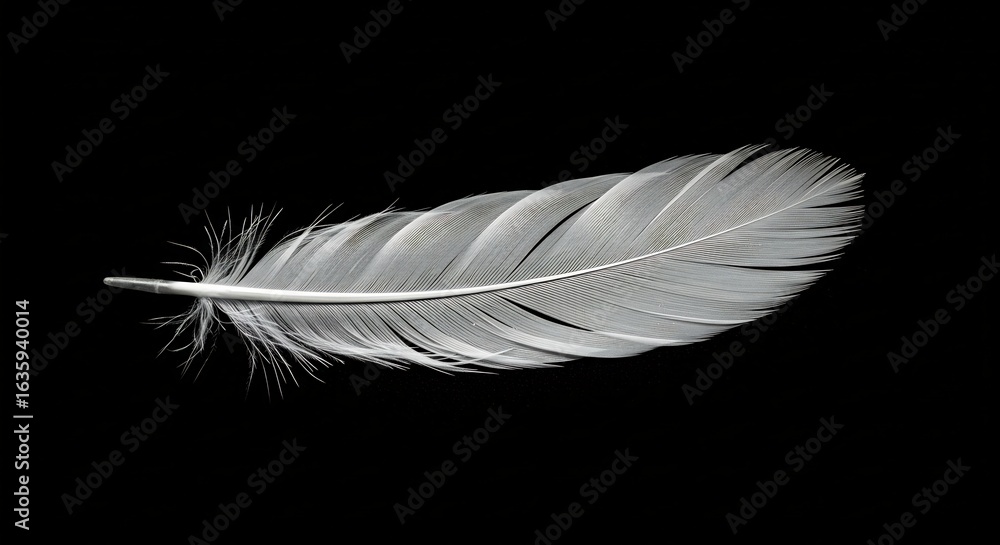 Obraz premium 白い羽根 優雅に漂う 黒い背景 静謐な光. AI Generated