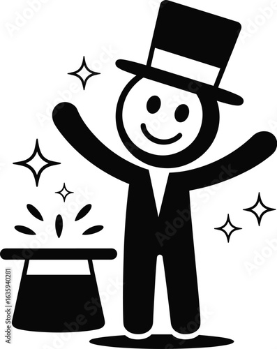 Black and white illustration of a magician with a top hat and magic hat illusion trick