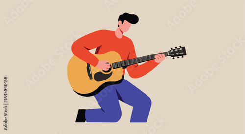 Cartoon person plays acoustic guitar, wearing red shirt and blue pants, knee bent