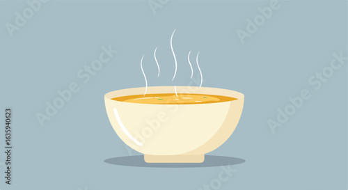 Steaming bowl of liquid. Shallow beige bowl with yellow broth and green herbs