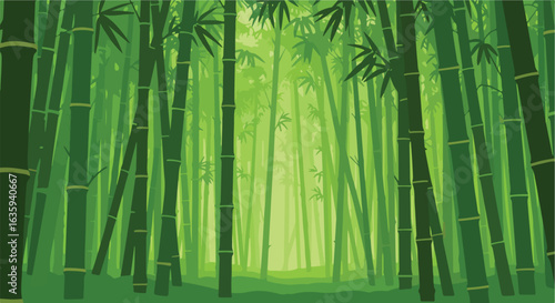 Cartoon of a dense green bamboo forest in a clearing with light shining through