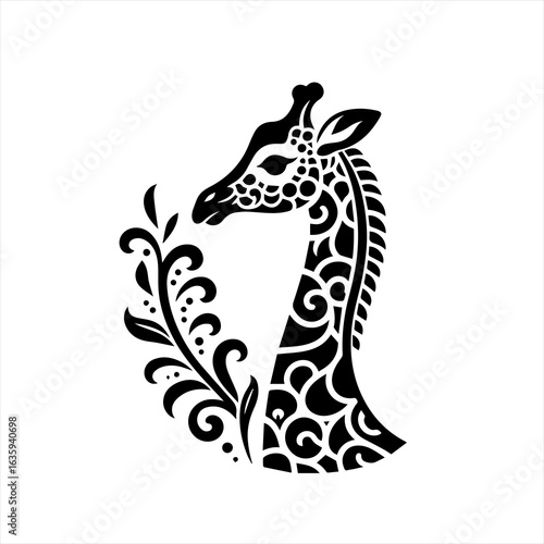 Stylized black and white giraffe head with floral ornament
