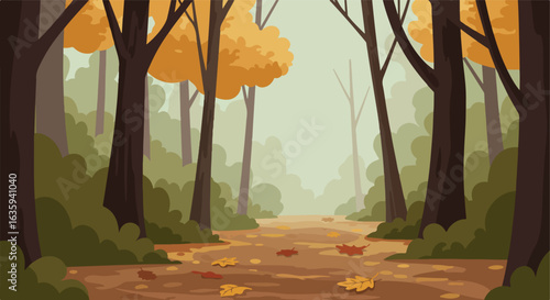 Autumnal forest path with fallen leaves and brown trees in a misty landscape