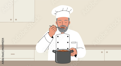 Chef in white uniform tastes dish from pot. Kitchen background. Flat vector image