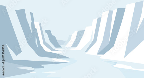 A minimalist ice canyon with white & gray glacial walls and frozen river below