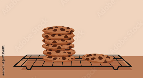 Stack of cookies. Cooling rack, tan background. Treats with chocolate chips