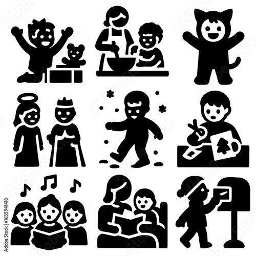 Childhood Holiday Icons. Solid style icons of child-centered holiday moments: toy reveal excitement, helping in kitchen, dressing