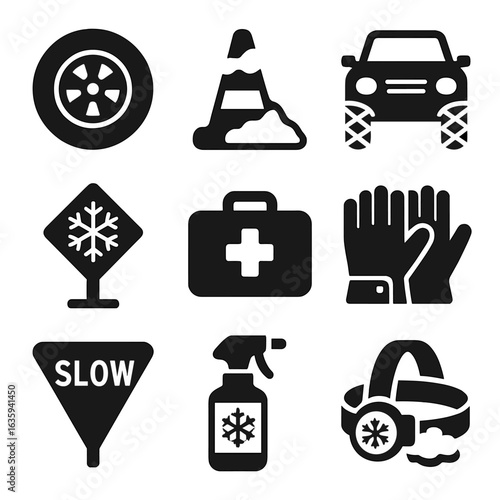 Winter Safety Icons. Solid style icons of winter safety and travel: snow tire icon, safety cone with snow, car with chains, icy