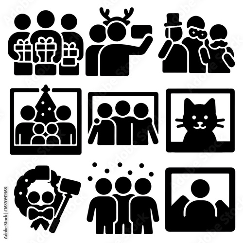 Festive Group Icons. Solid style icons of festive group photos: group holding gifts, selfie with reindeer hat, photo booth props,
