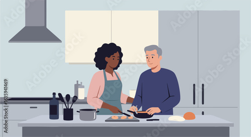 Couple cooking together in a kitchen with cabinets, stove and cooking items
