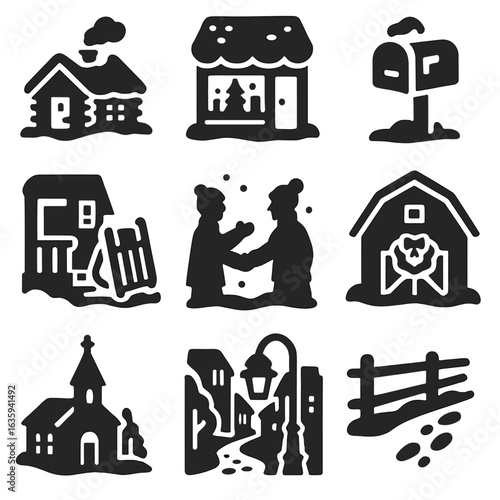 Snowy Village Icons. Solid style icons of snowy village charm: cabin with smoke, lit shop window, snowy mailbox, sled by porch,