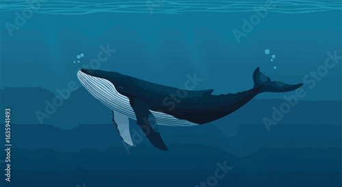 Humpback whale gracefully swimming up in deep blue ocean with bubbles escaping